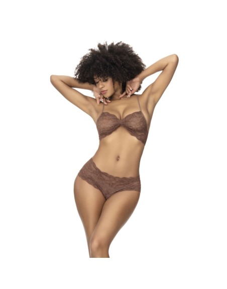 Ensemble 2 pièces, top et tanga en dentelle couleur cacao 