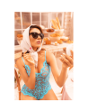 Combishort en dentelle transparente turquoise