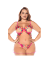 Nuisette grande taille en résille et dentelle florale rose et string assorti