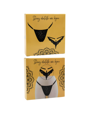 String noir en dentelle avec bijou cœur doré