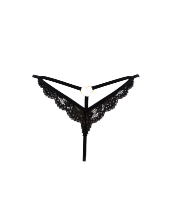 String noir en dentelle avec bijou cœur doré