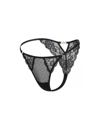 Tanga noir en dentelle avec bijou losanges dorés