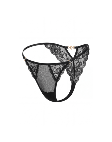 Tanga noir en dentelle avec bijou losanges dorés