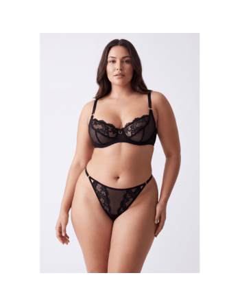 Tanga noir en dentelle avec bijou losanges dorés