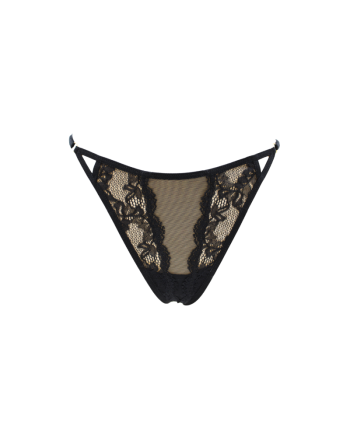 Tanga noir en dentelle avec bijou losanges dorés