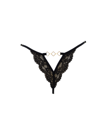 Tanga noir en dentelle avec bijou losanges dorés