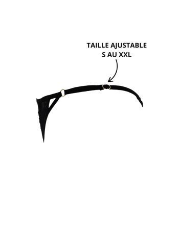 Tanga noir en dentelle avec bijou losanges dorés