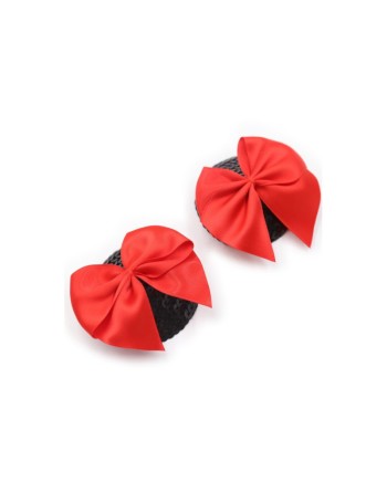 Paire de cache tétons adhésifs noir avec nœud papillon rouge 