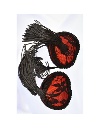 Paire de cache tétons adhésifs en forme de cœur avec dentelle noire et pompom 
