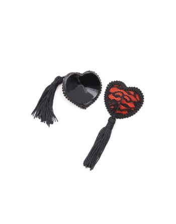 Paire de cache tétons adhésifs en forme de cœur avec dentelle noire et pompom 