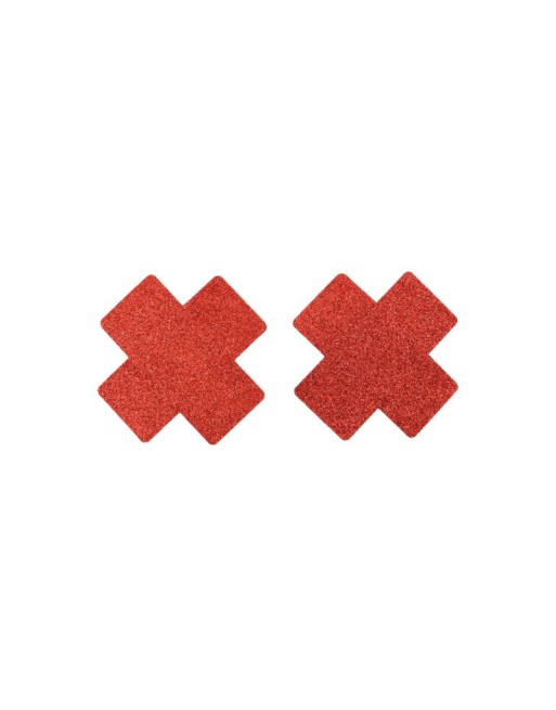 Paire de cache tétons adhésifs croix pailletée rouge 
