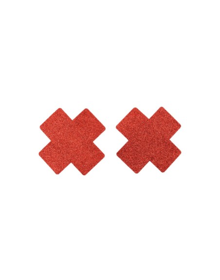 Paire de cache tétons adhésifs croix pailletée rouge 