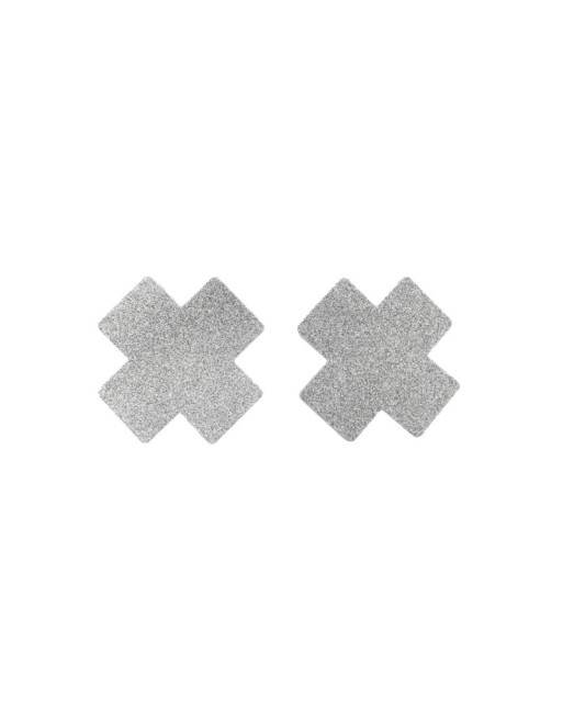 Paire de cache tétons adhésifs croix pailletée blanc 