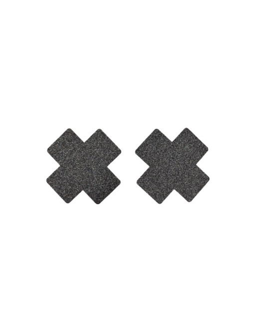 Paire de cache tétons adhésifs croix pailletée noir 