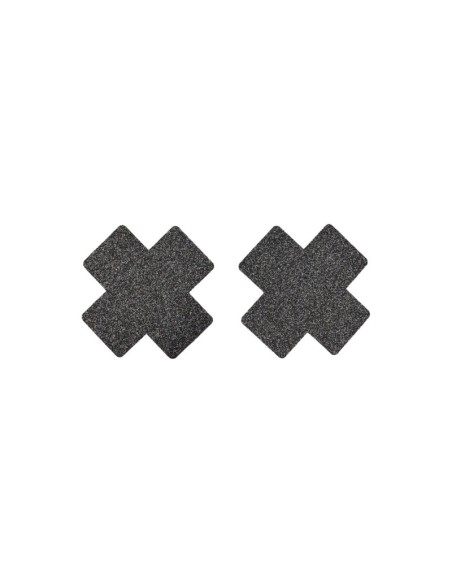 Paire de cache tétons adhésifs croix pailletée noir 