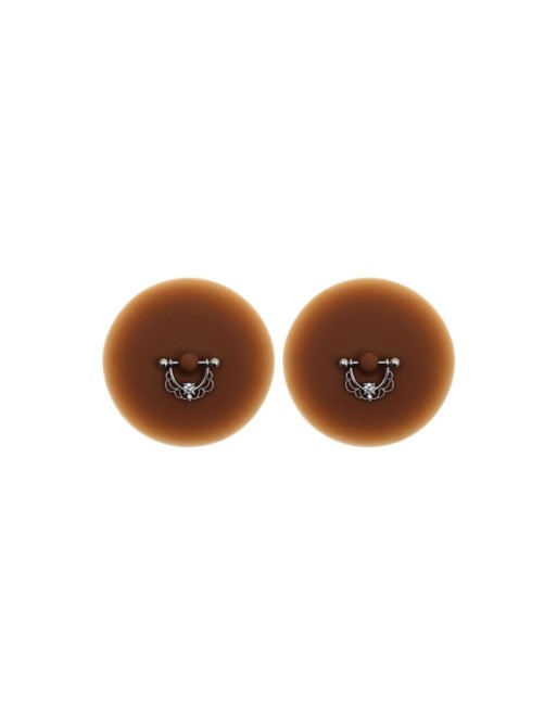 Paire de cache-tétons piercing barre demi-anneau faux diamant peau foncée 