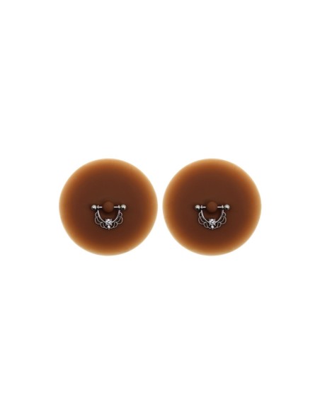 Paire de cache-tétons piercing barre demi-anneau faux diamant peau foncée 