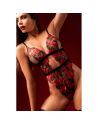 Teddy taille haute en résille noire brodée de roses avec ceinture