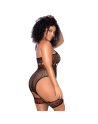 Body grande taille en résille léopard noir à tour de cou et jarretières intégrées - Mapalé