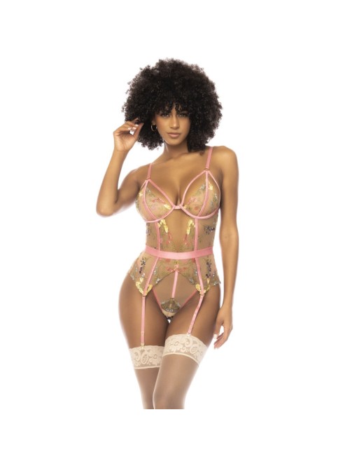 Body guépière avec dentelle brodée florale Sydney, porte jarretelles réglables et détachables 