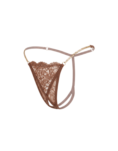 String en dentelle taupe ouvert avec chaînes dorées