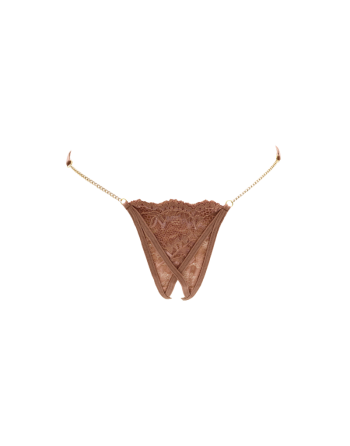 String en dentelle taupe ouvert avec chaînes dorées